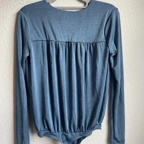 Free People Intimately Turnt Bodysuit Slate Blue Small V Neck Wrap Long Sleeve - Picture 10 of 10